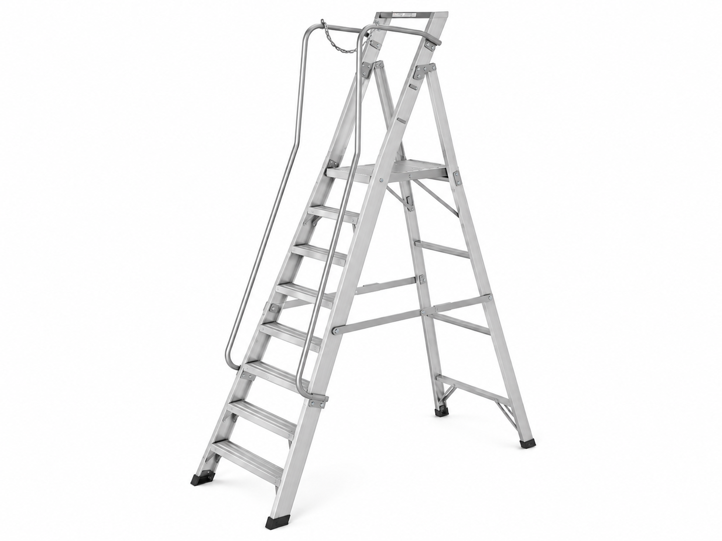 Mega Step aluminium platform ladder with guardrail and top platform by Indoor Innovations