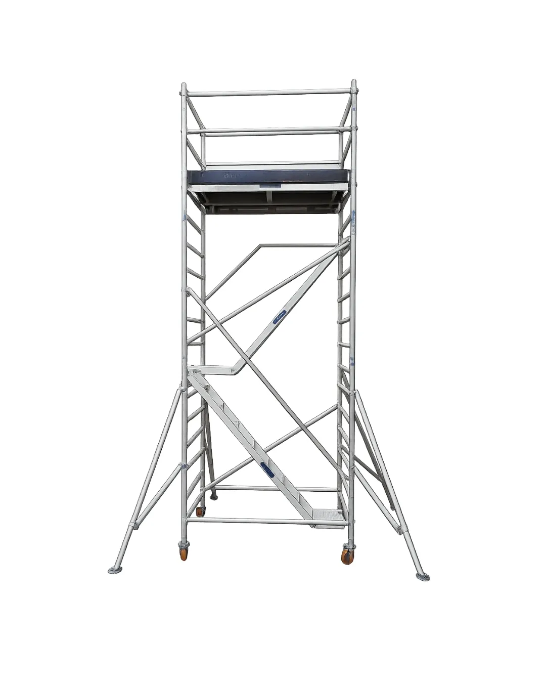Aluminium stairway scaffolding tower with an internal staircase and guardrails for safe worker access