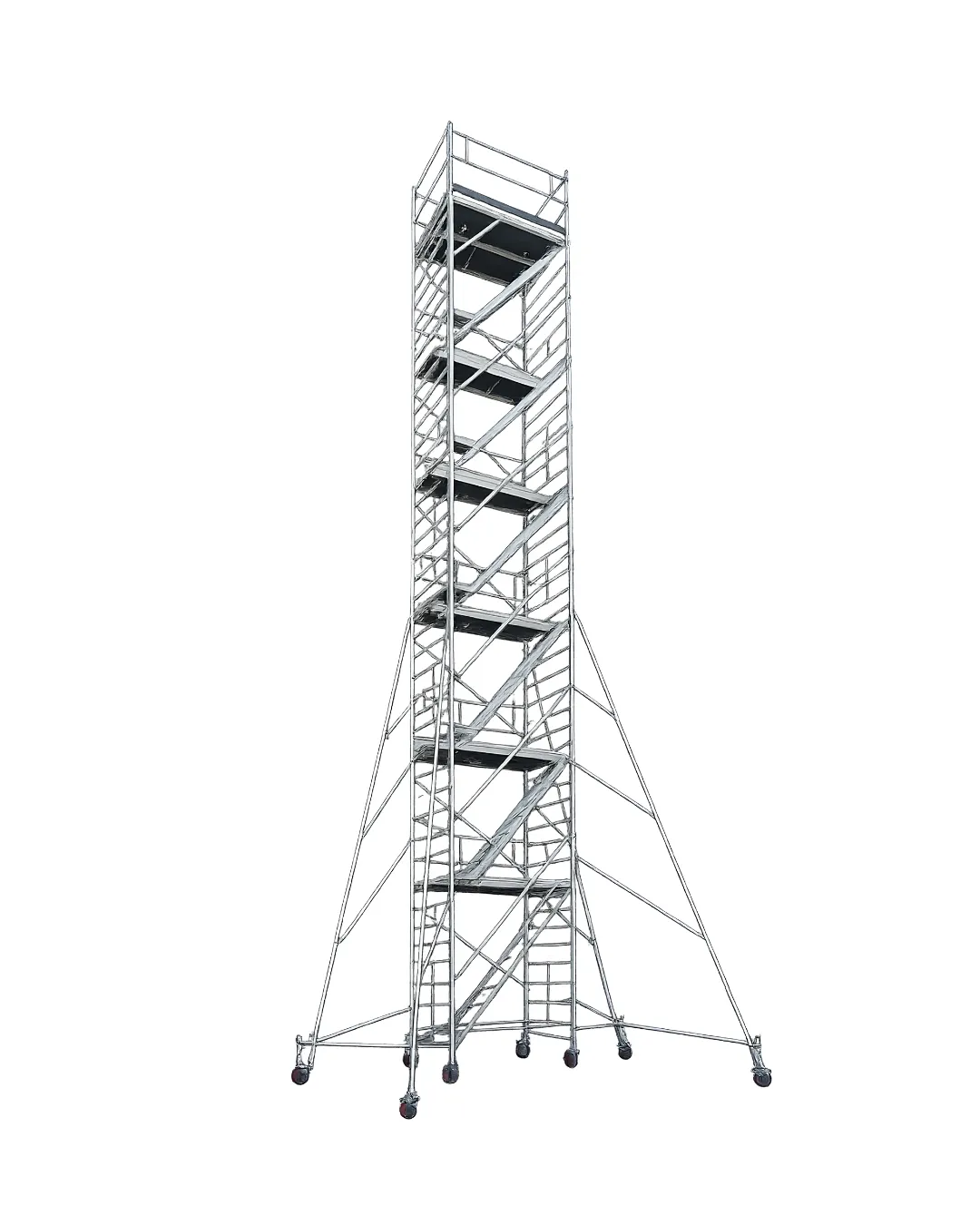 Extra approachable aluminium scaffolding tower with a wide entry frame and multiple platform levels