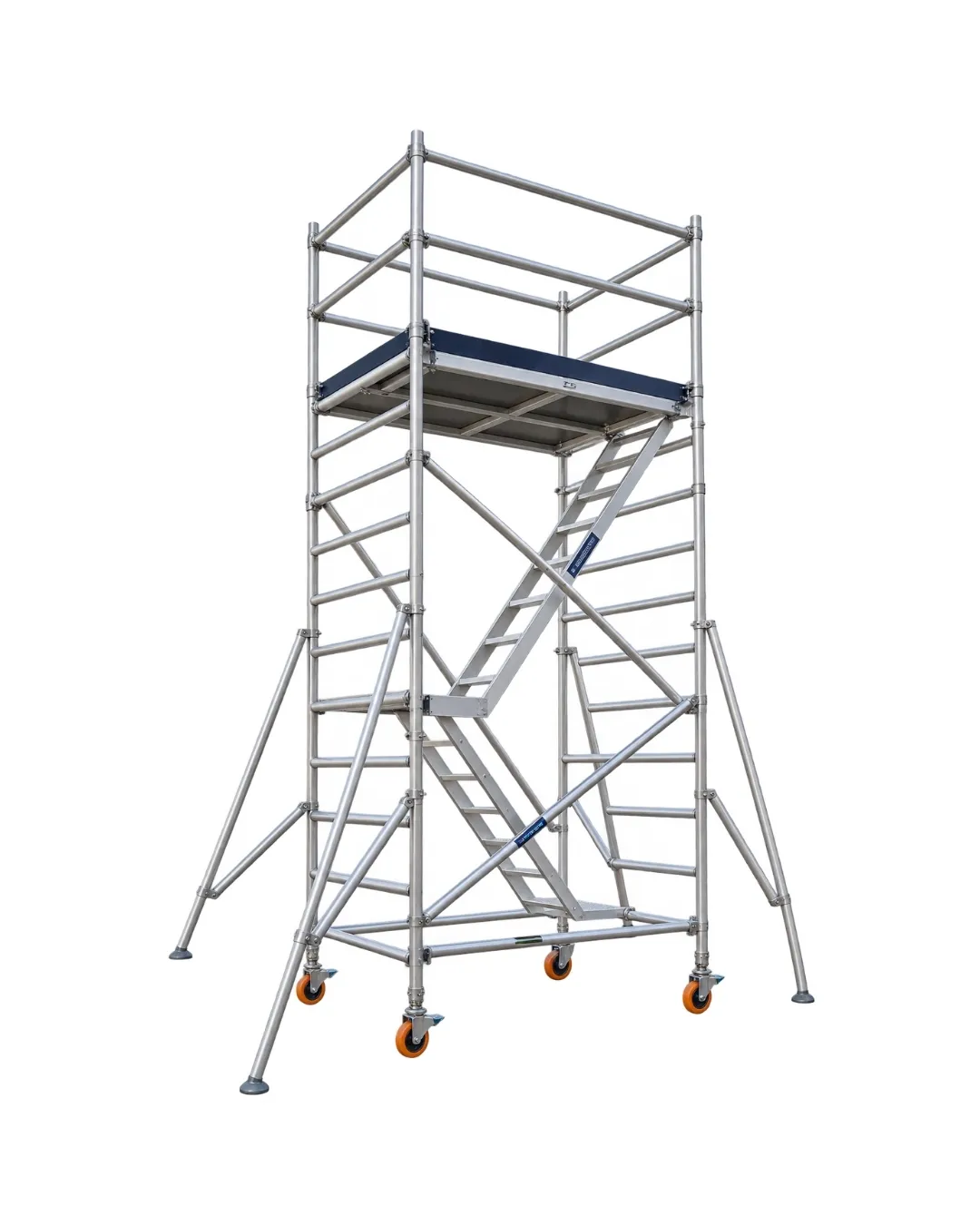 Zig-zag aluminium scaffolding tower with inclined ladder access between platform levels
