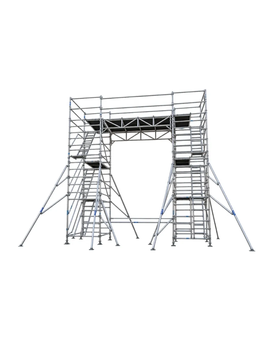 Bridge type aluminium scaffolding spanning horizontally between two towers to work over obstacles