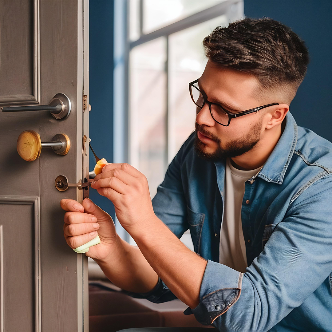 Locksmith unlocking residential door with specialized tools