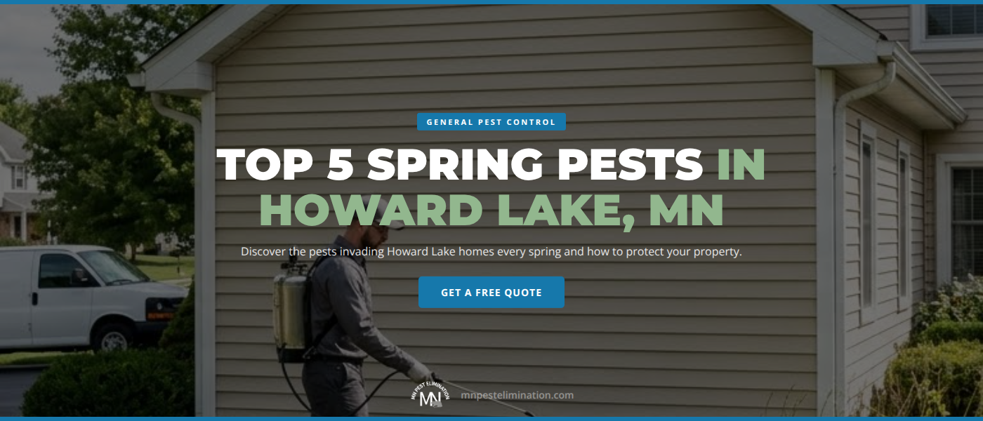 Pest control technician inspecting a Howard Lake MN home for spring pests including carpenter ants and spiders