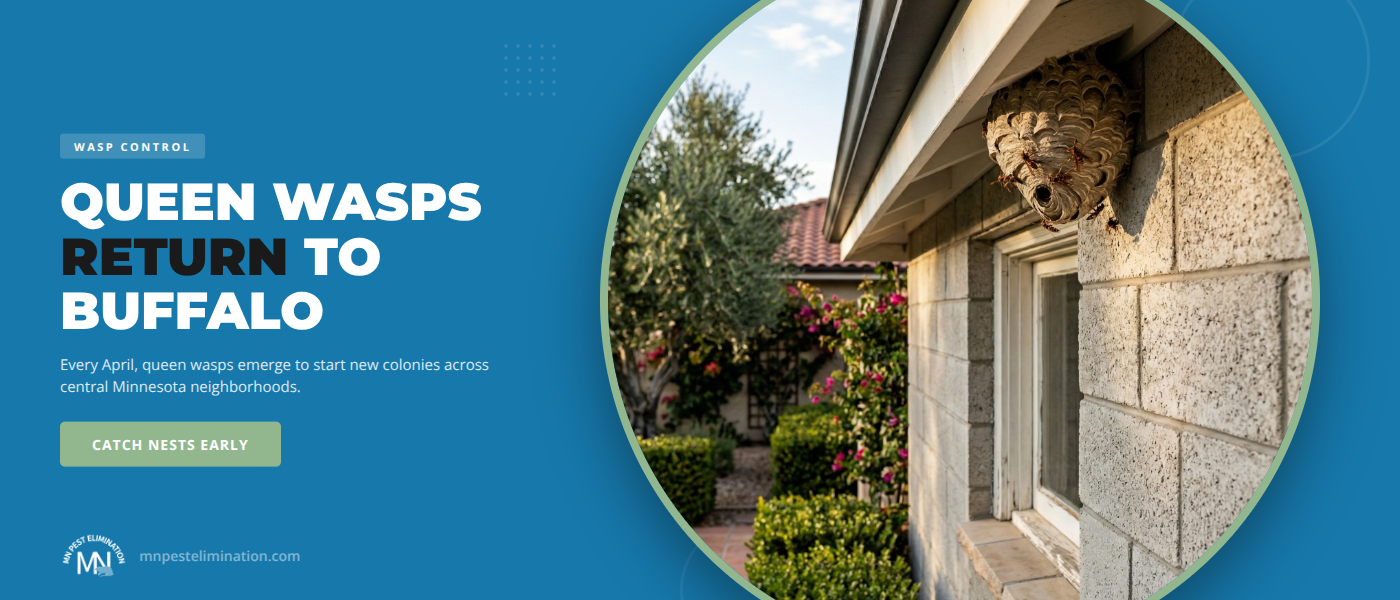 Spring wasp control Buffalo MN — MN Pest Elimination removing a queen wasp nest from a soffit