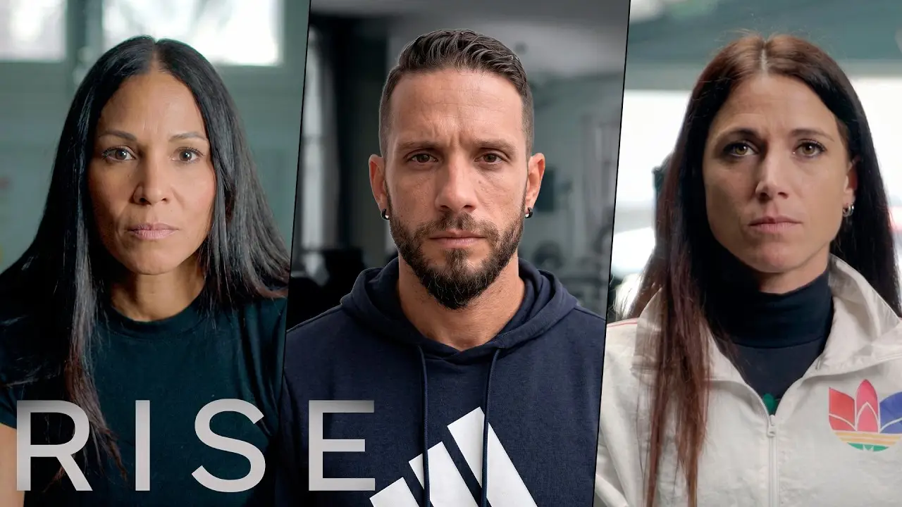 Close-up of three serious-looking people, two women and one man, with the word 'RISE' overlaid on the left side.
