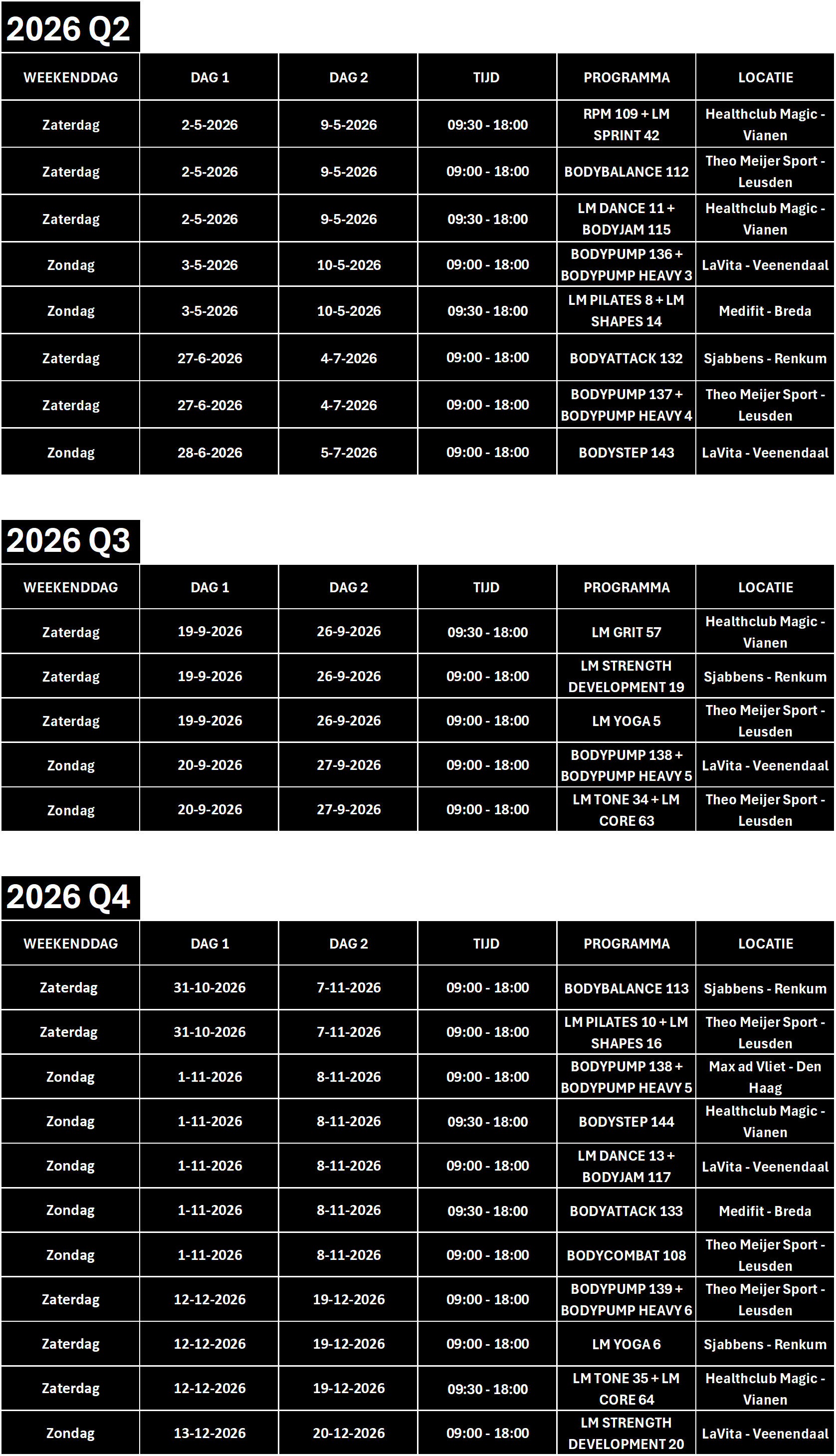 Schedule table for 2026 Q2, Q3, and Q4 showing weekend day, two dates, time, program names, and locations in Dutch, including fitness classes like BODYBALANCE, BODYPUMP, and BODYATTACK across various clubs.