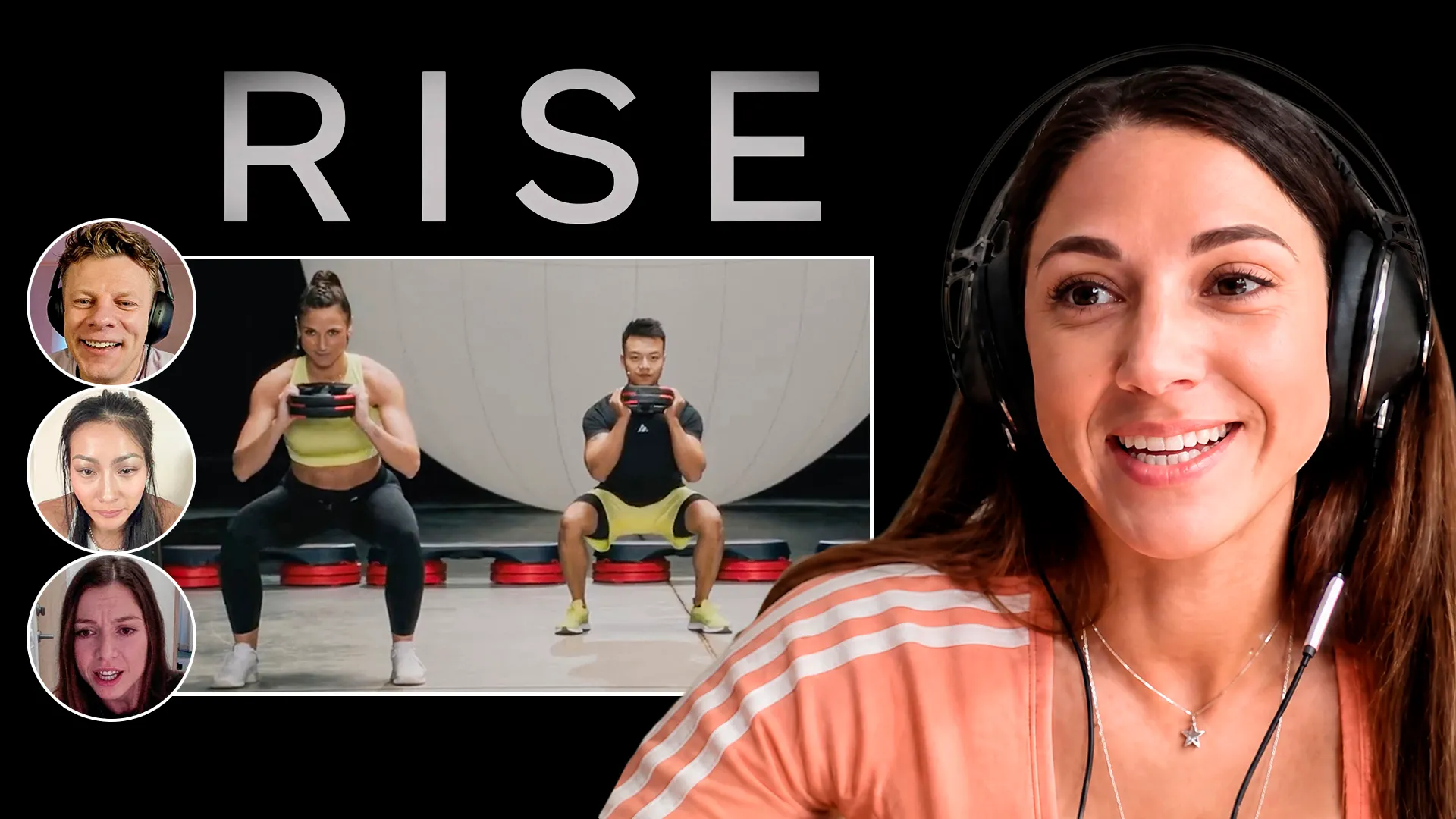 Smiling woman with headset in orange top, with video call circles and two people doing weighted squats below large word RISE on black background.