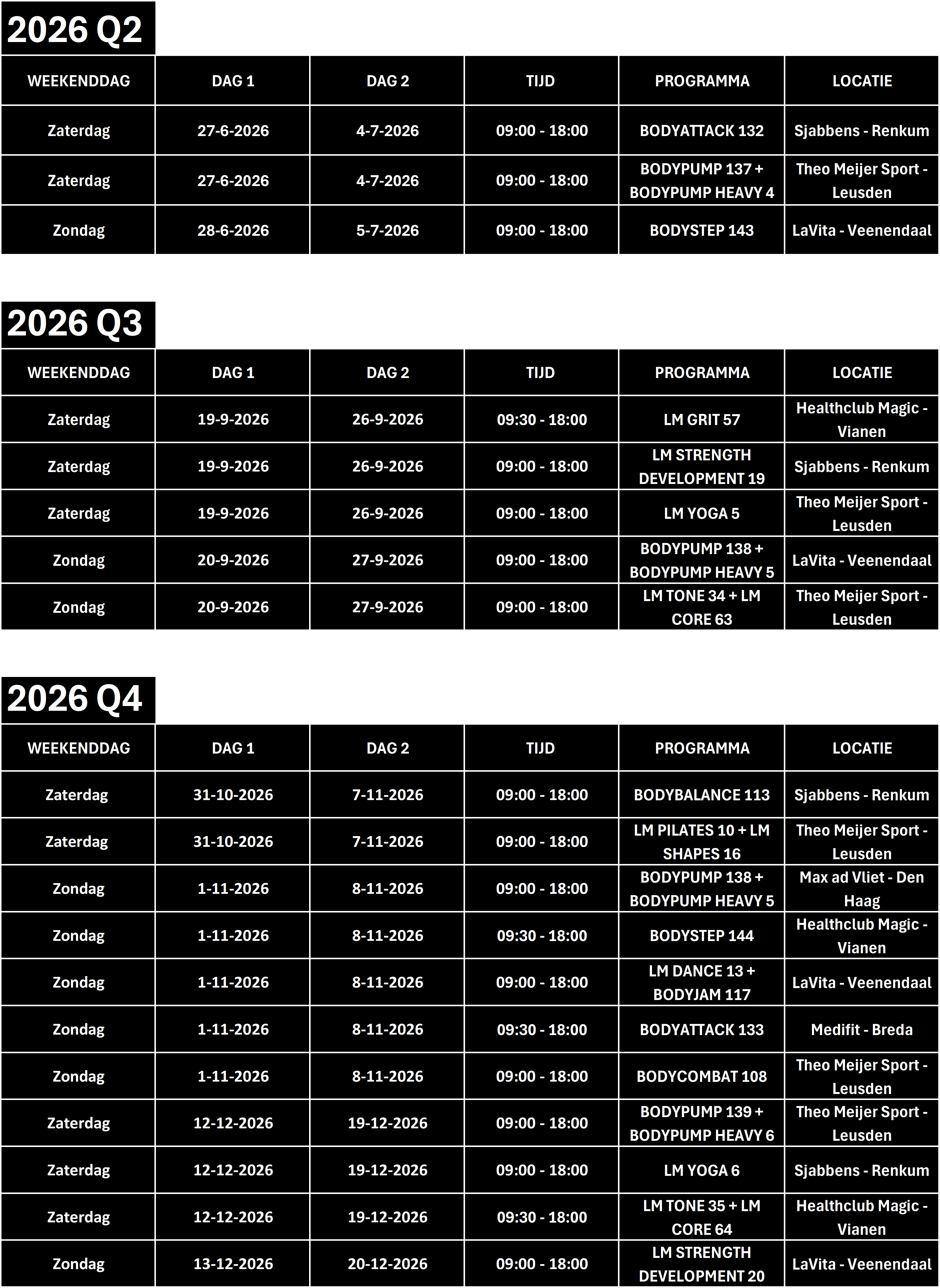 Training schedule tables for 2026 Q2, Q3, and Q4 showing weekend days, dates for Day 1 and Day 2, time from morning to evening, program names, and locations in various Dutch sports clubs and gyms.