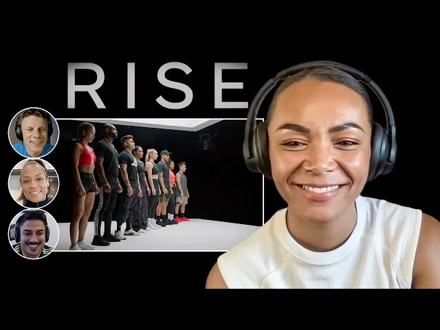 Smiling woman wearing headphones on a video call with three people and a group of athletes standing beneath RISE text.