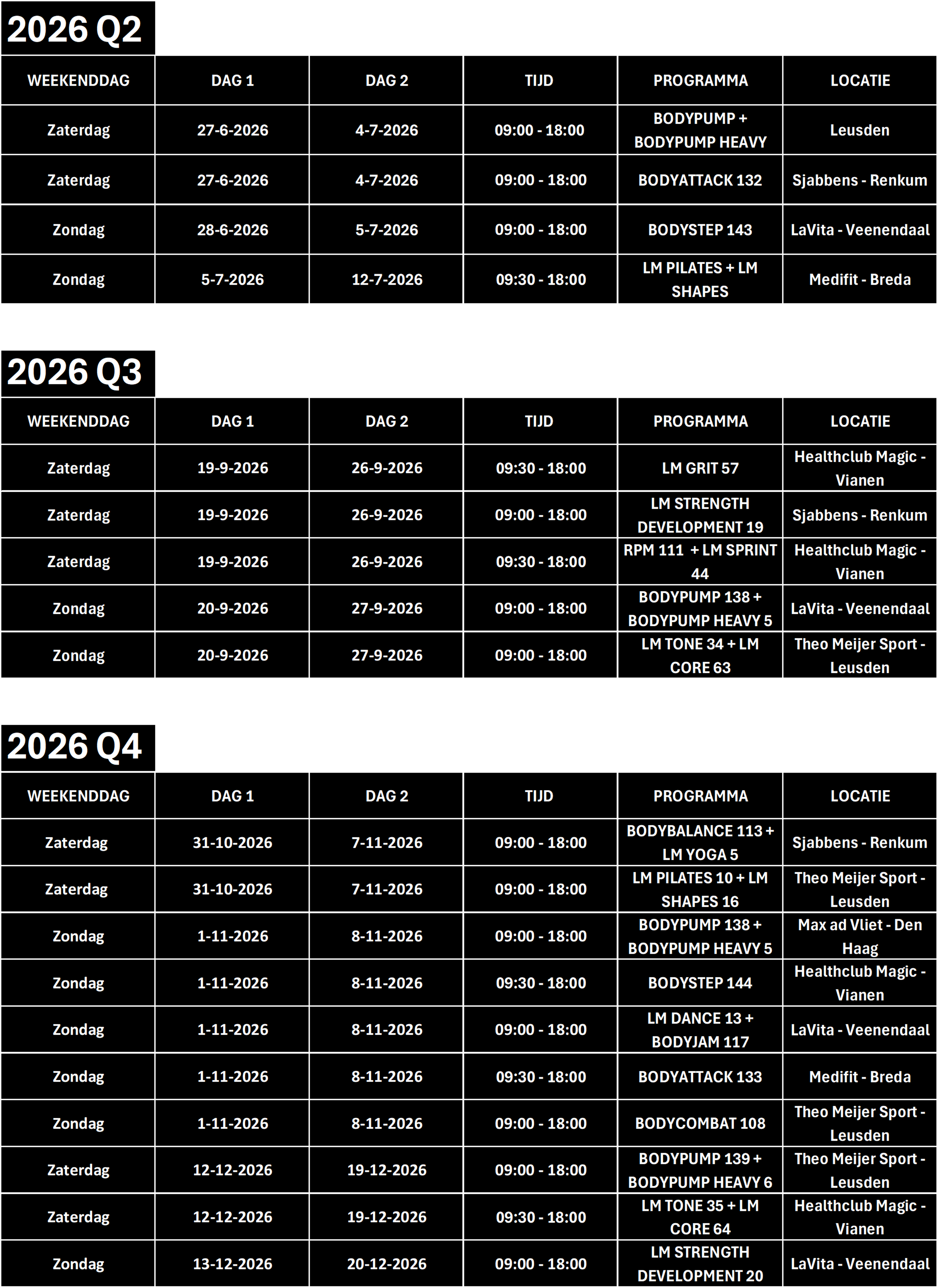 2026 Q2-Q4 schedule listing weekend days, dates, time, programs, and locations for fitness classes.
