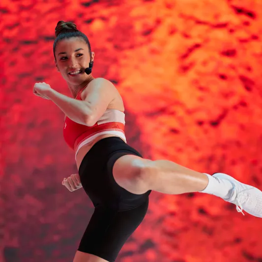 Instructor doing a kick towards the camera