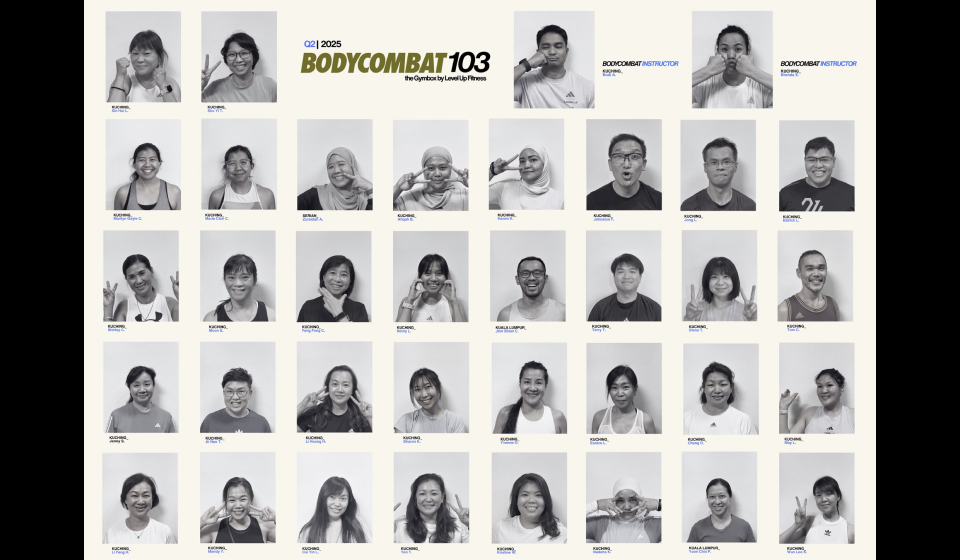 Grid of 35 grayscale portraits of people in various poses. "Q1 2025" appears above the green and black title "BODYCOMBAT 103" at the top center.