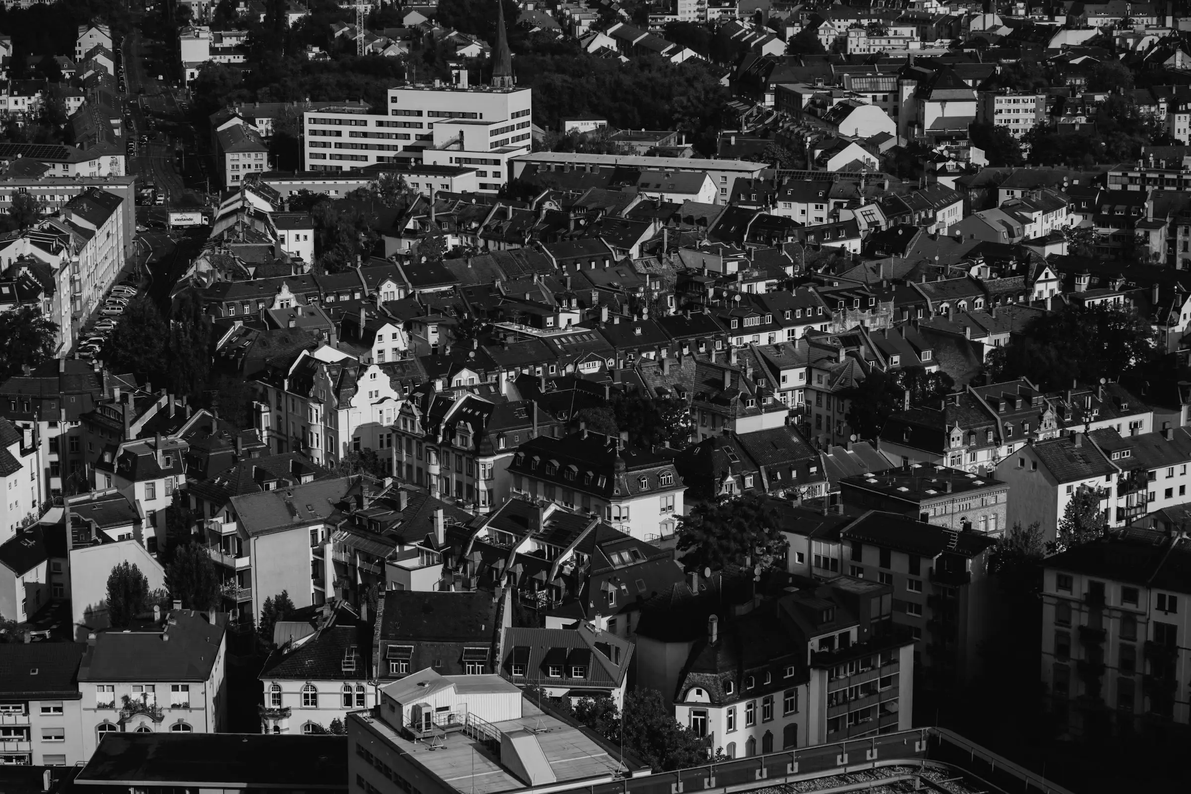 Aerial view of Frankfurt, Germany, showing a densely packed urban landscape