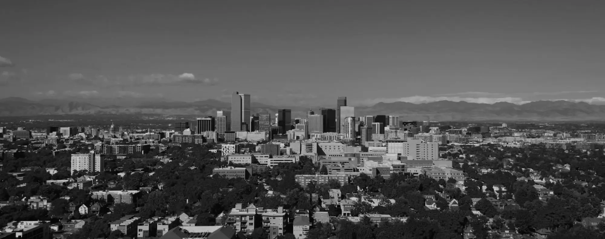 Panoramic view of Denver, Colorado, featuring a dense urban foreground with buildings and trees