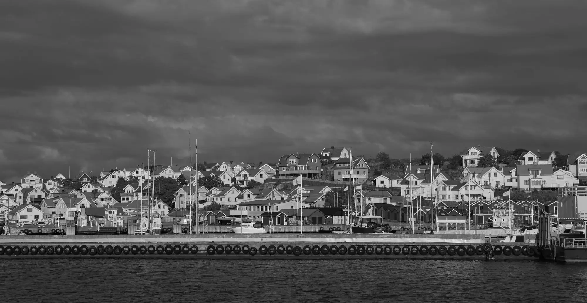 Scenic coastal view of Goteburg, Sweden, with hillside houses, a harbor, and cloudy skies