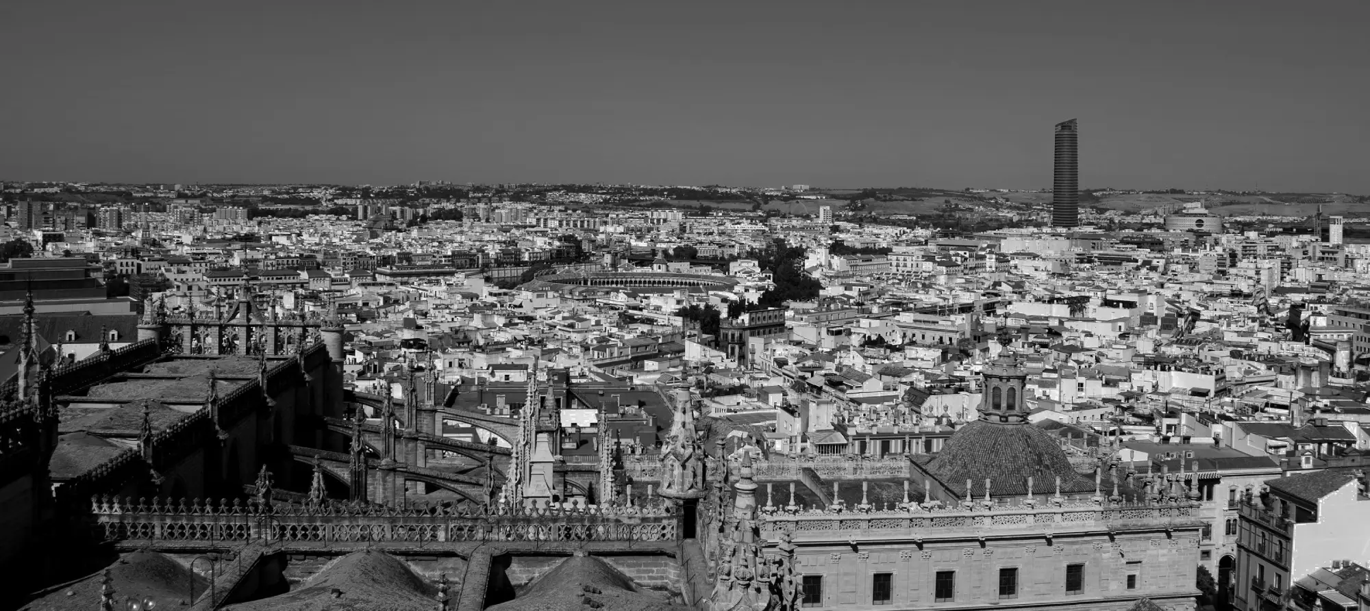 Panoramic view of Seville featuring the Gothic Seville Cathedral and a distant modern skyscraper