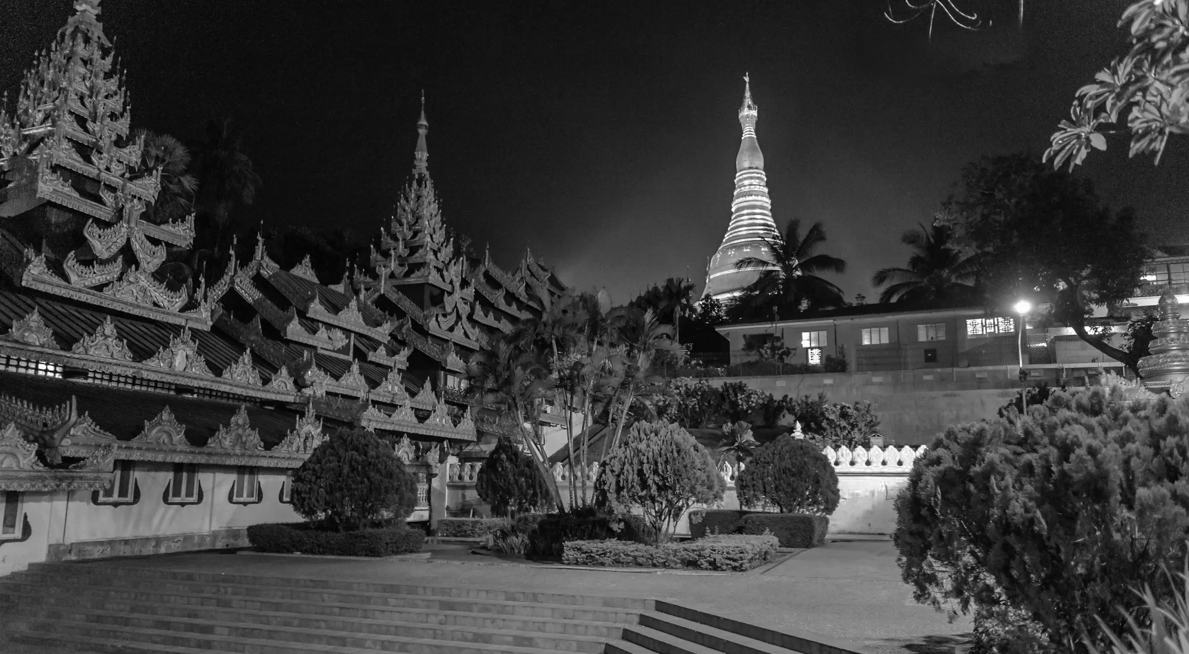 Night view of Yangon featuring ornate temple buildings