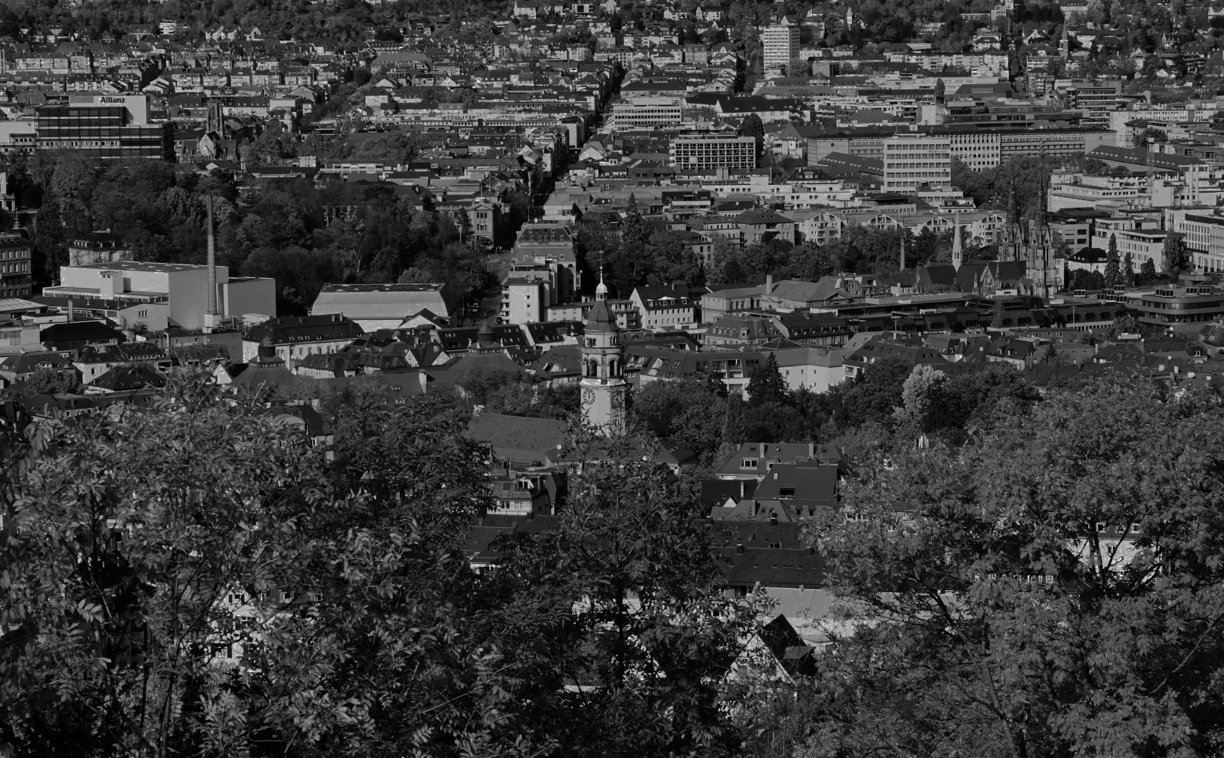 Panoramic view of Stuttgart with a central clock tower