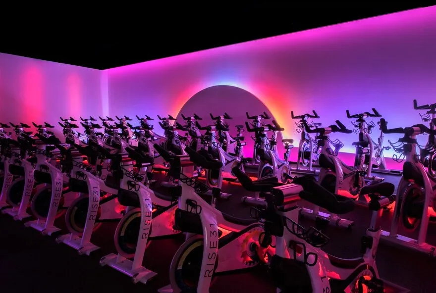 Indoor cycling studio with rows of bikes