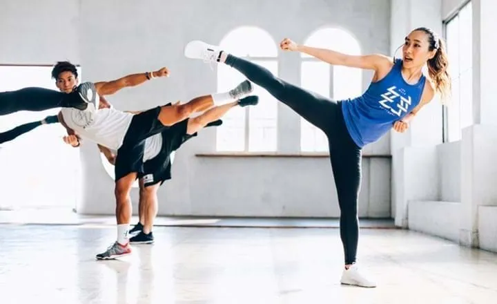 People performing high side kicks