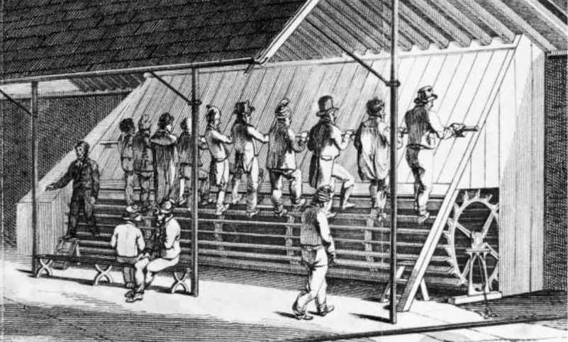 Illustration of a group of people walking on a large wooden treadmill inside a covered structure. Two seated figures and one standing figure observe, while a wheel mechanism is visible on the right side.