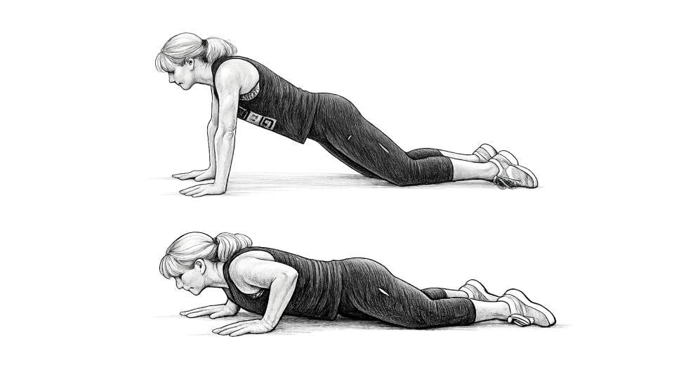 An illustration of woman showing two phases of a push up on knees