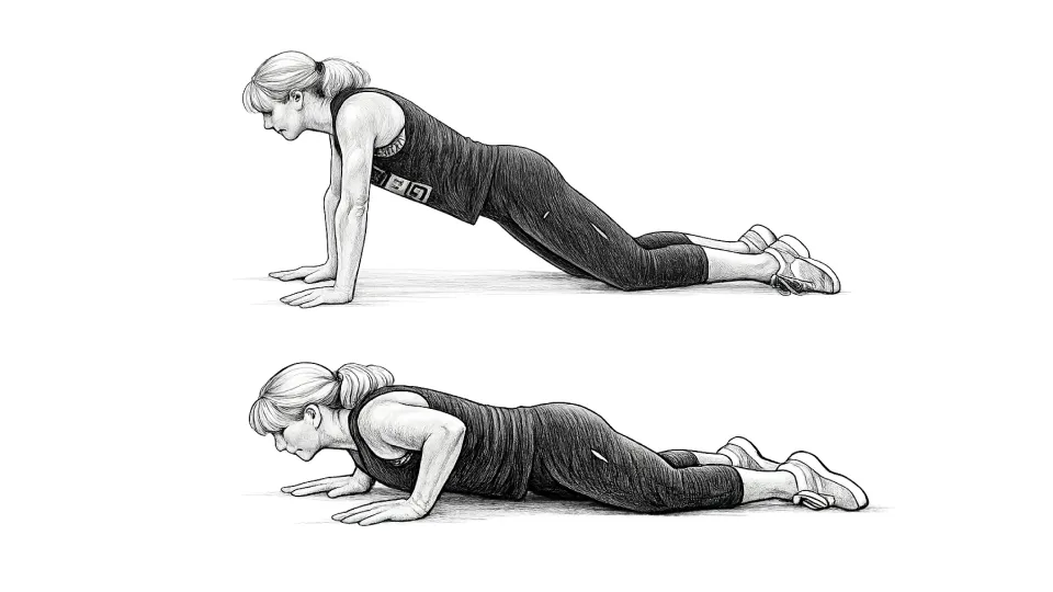 An illustration of woman showing two phases of a push up on knees