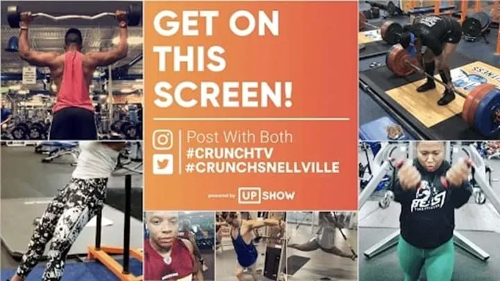 Collage of people working out in a gym with a central orange box encouraging to post on Instagram and Twitter using #CRUNCHTV and #CRUNCHSNELLVILLE.