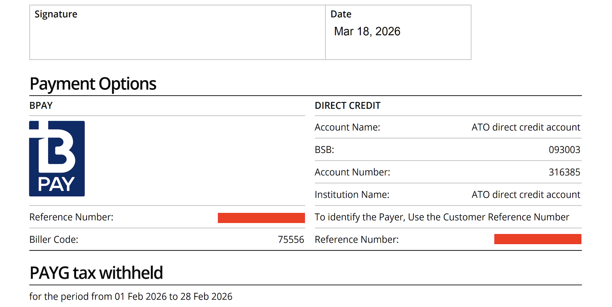 Screenshot description showing where to find ATO payment reference number PRN in Online Services for Business portal for BAS payment