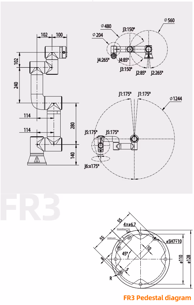 Mechanische tekening van Fairino FR3 collaboratieve robot met afmetingen en montage-informatie