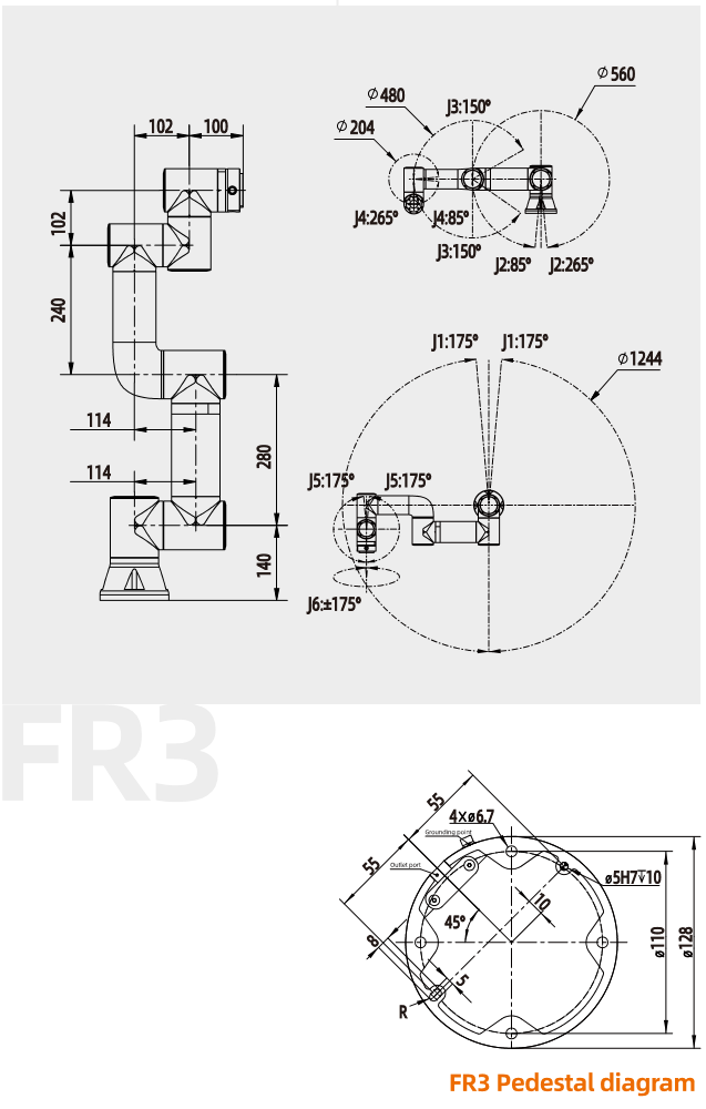 Mechanical drawing of Fairino FR3 collaborative robot with dimensions and mounting details