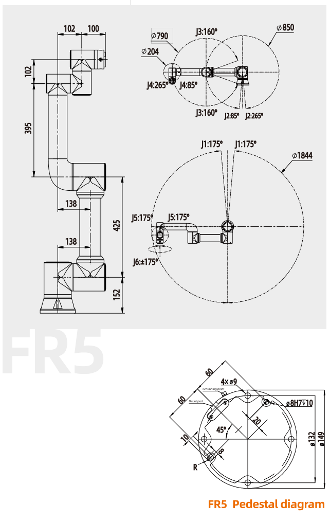 Mechanical drawing of Fairino FR5 collaborative robot with dimensions and mounting details