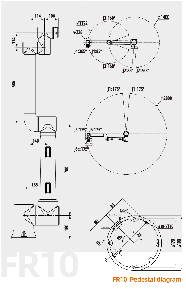 Mechanical drawing of Fairino FR10 collaborative robot with dimensions and mounting details