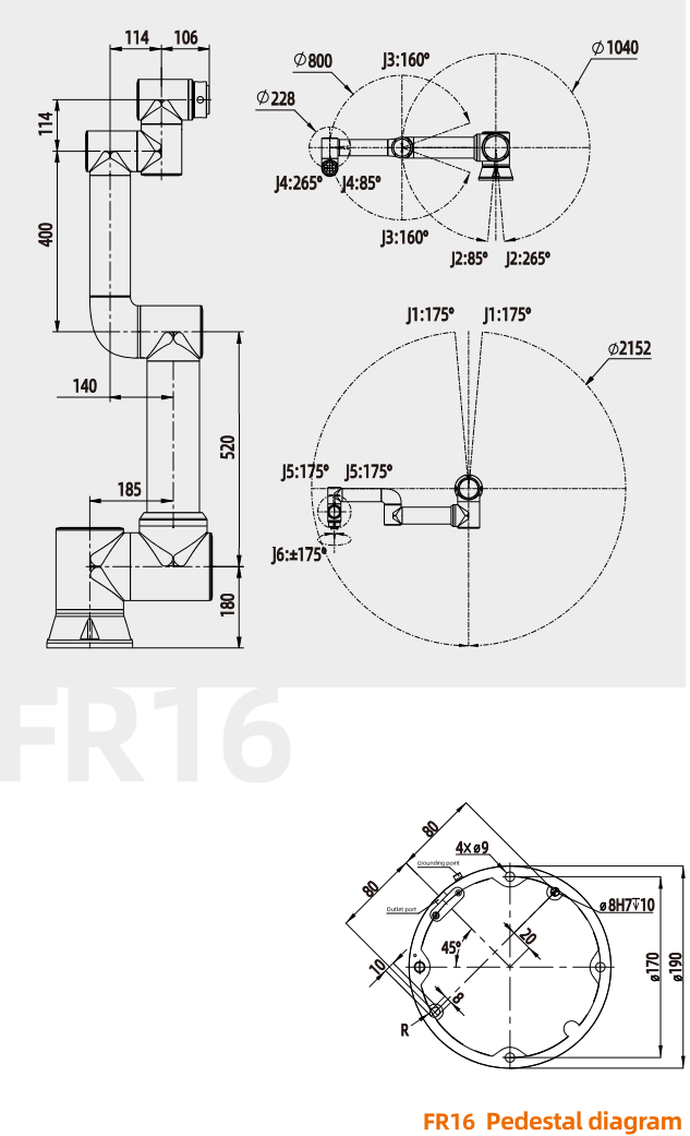 Mechanical drawing of Fairino FR16 collaborative robot with dimensions and mounting details