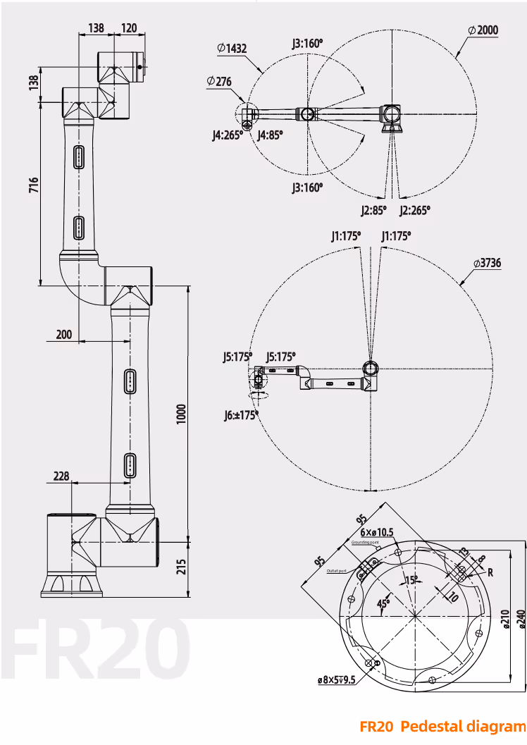 Mechanical drawing of Fairino FR20 collaborative robot with dimensions and mounting details