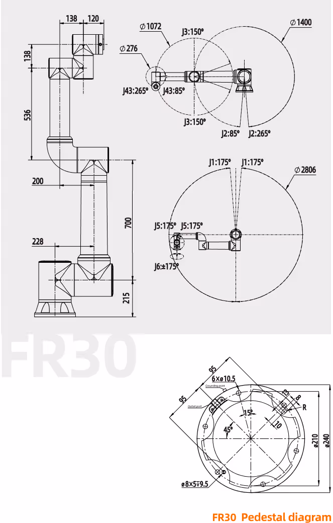Mechanical drawing of Fairino FR30 collaborative robot with dimensions and mounting details
