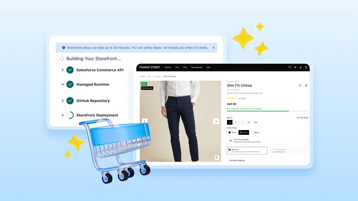 ui mockup of slaesforce storefront ai with a 3d shopping trolly on a light blue gradient background
