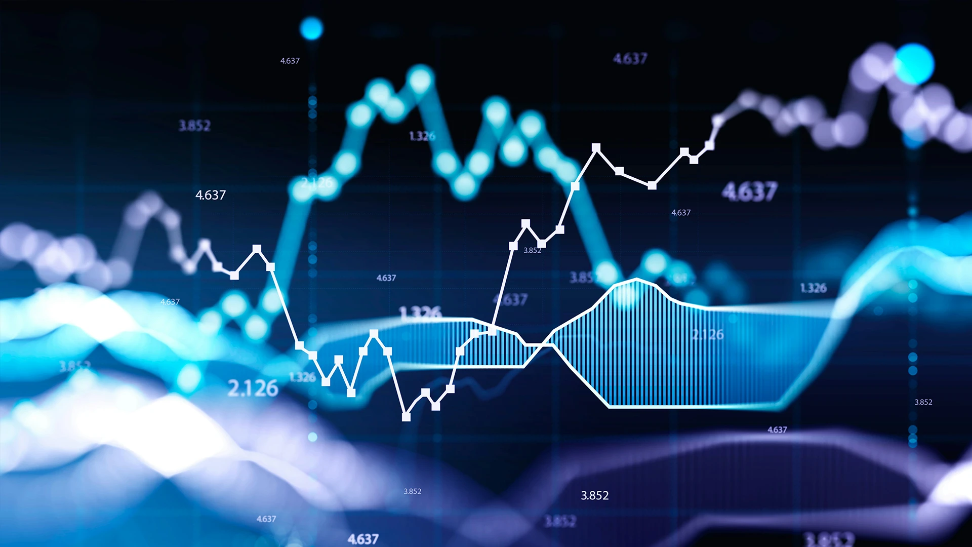 Abstractv data monitoring visualization featuring multiple glowing blue and white line graphs, data points, and trend curves over a dark background.