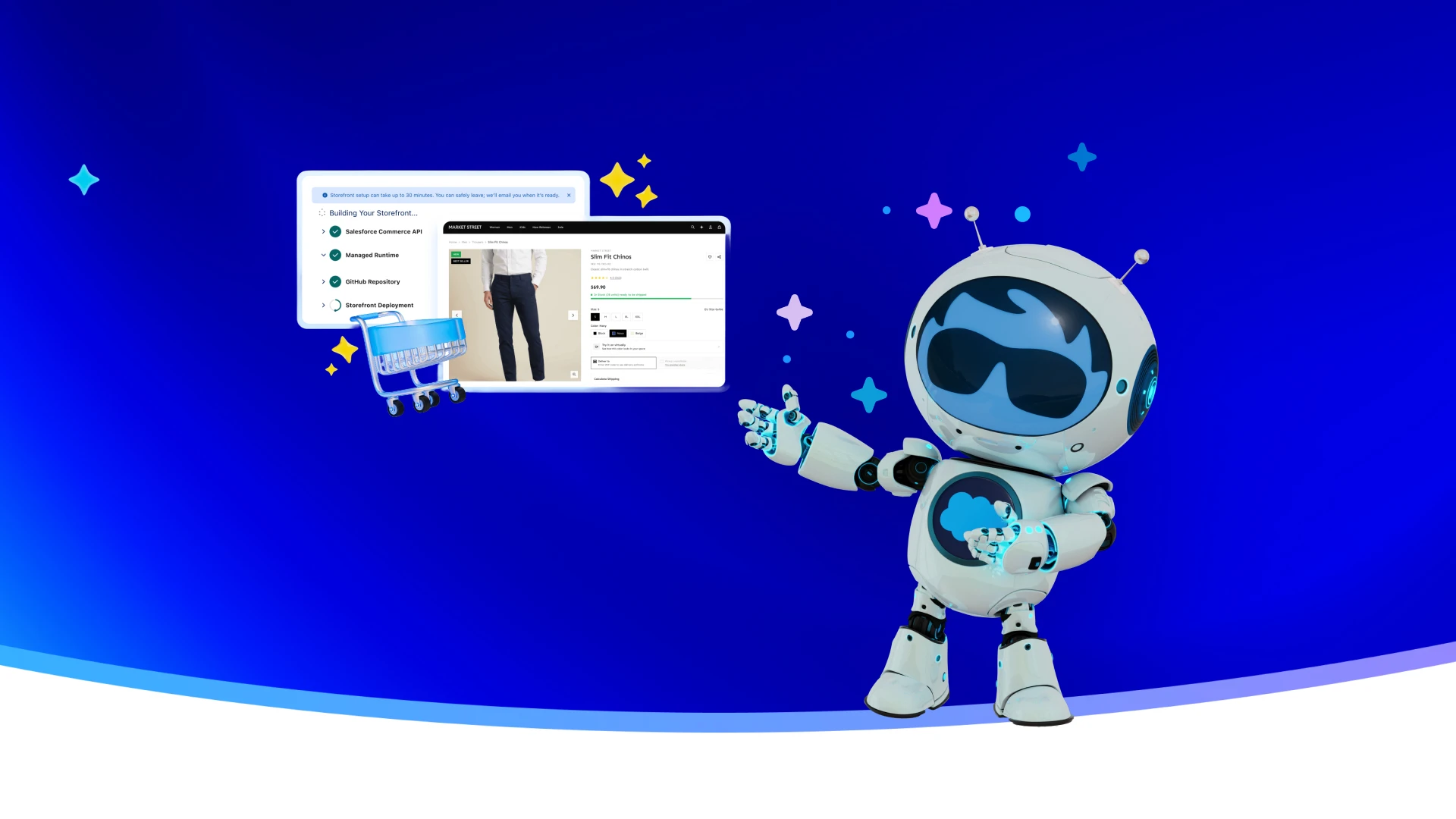 salesforce astro character pointing at the title "storefront next vs SFRA" on a blue gradient background