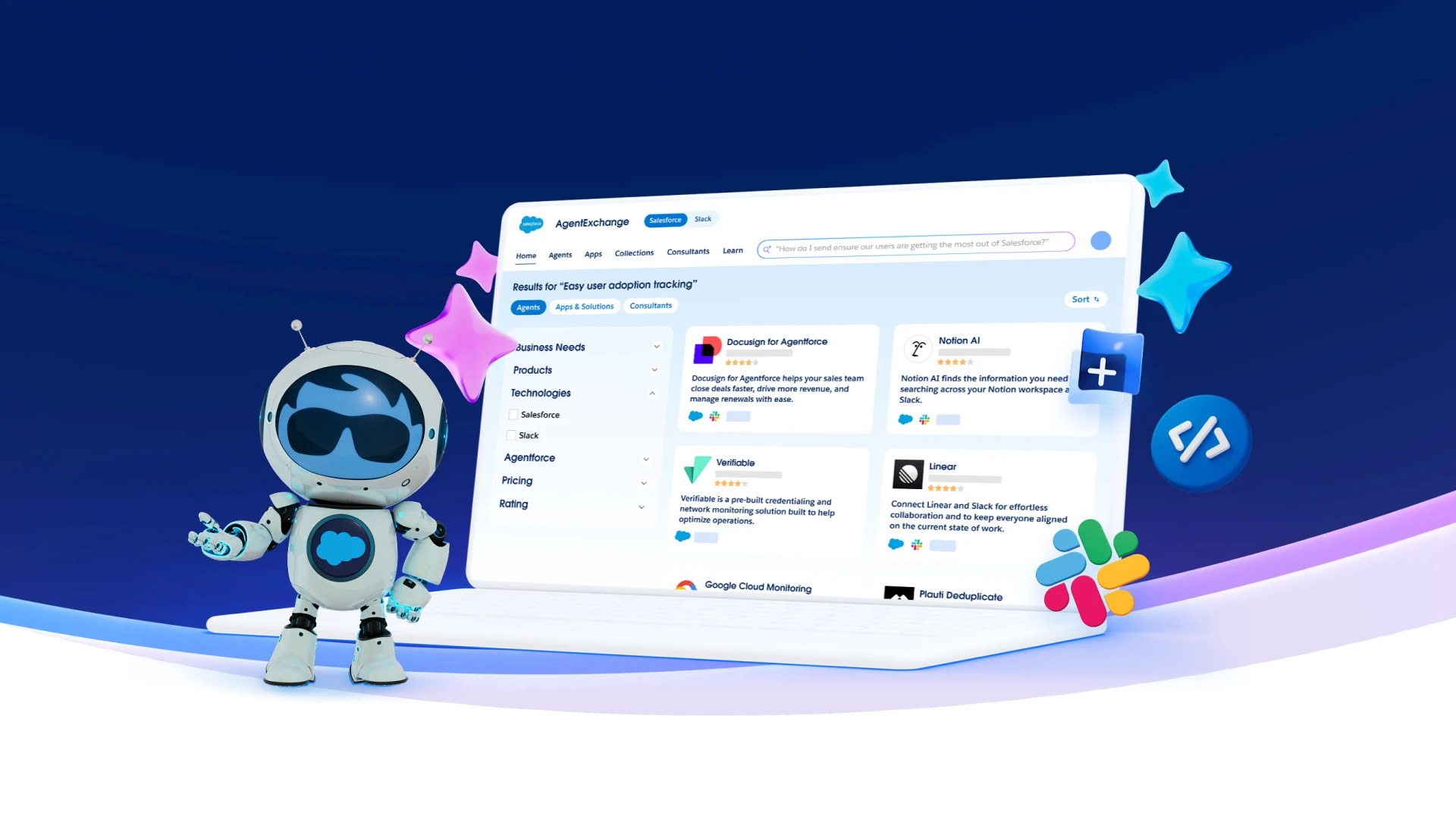 Salesforce Astro character stood next to a laptop showing the Agent Exchange