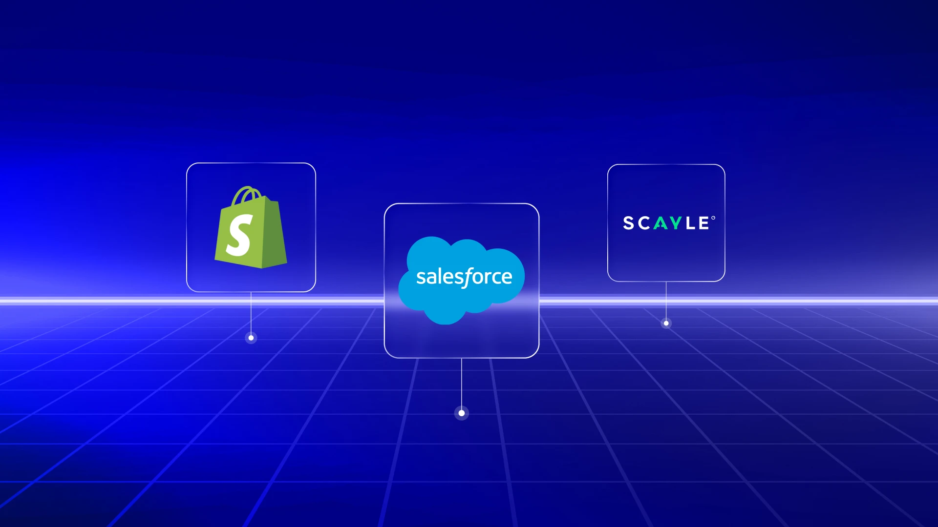 blue gradient digital grid representing the digital landscape with three major ecommerce providers (shopify, Salesforce & Scayle) mapped onto it