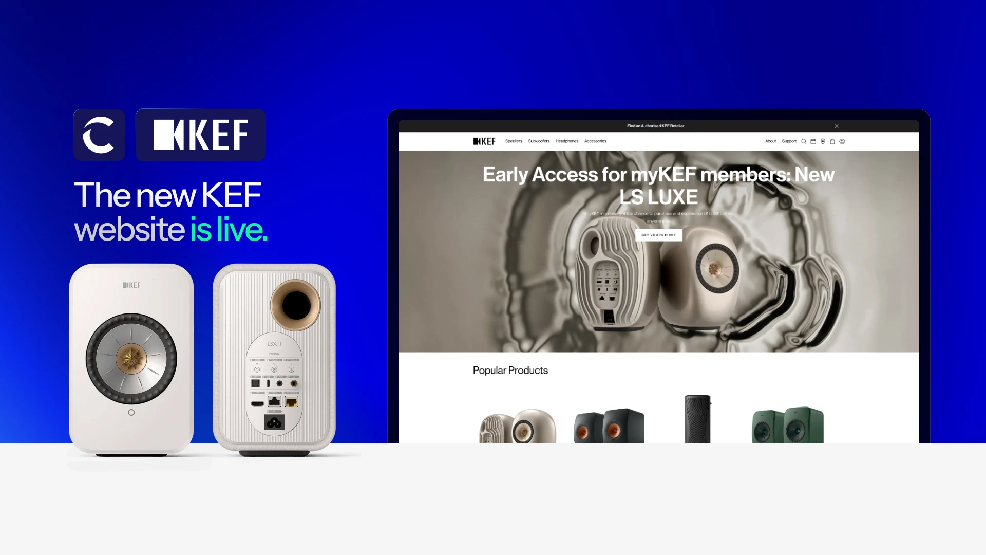 Mockup of the new KEF website next to a pair of KEF's premium speakers, on a blue gradient background