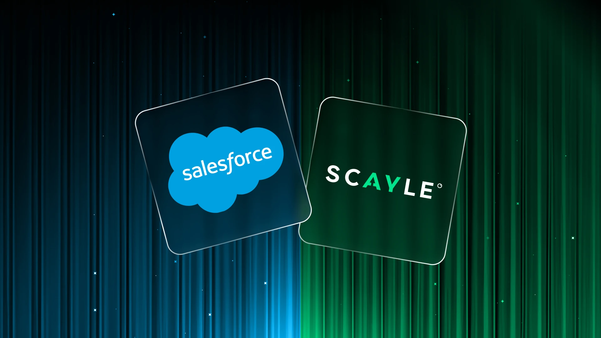 Salesforce and Scayle logos displayed on tilted panels against a blue and green digital background