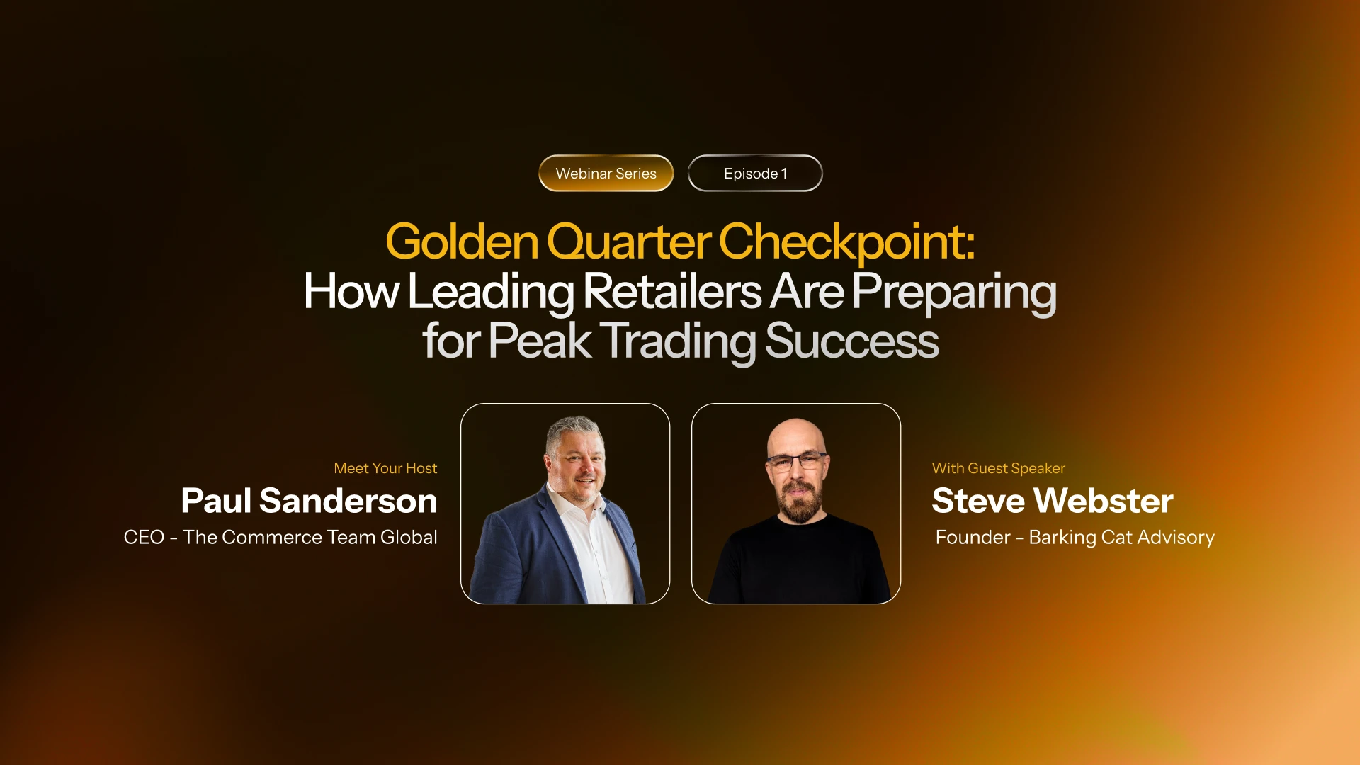 A webinar banner showing a golden gradient background with shopping bags and an image of Paul Sanderson - CEO of the Commerce team global