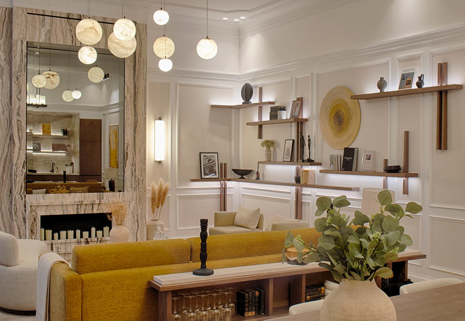 Salon moderne et chaleureux avec cuisine—base idéale pour un séjour de fêtes à Paris.