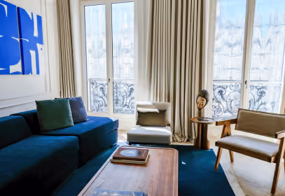 Living room of a luxury The Lander apartment in the 8th arrondissement, designed like a private home.