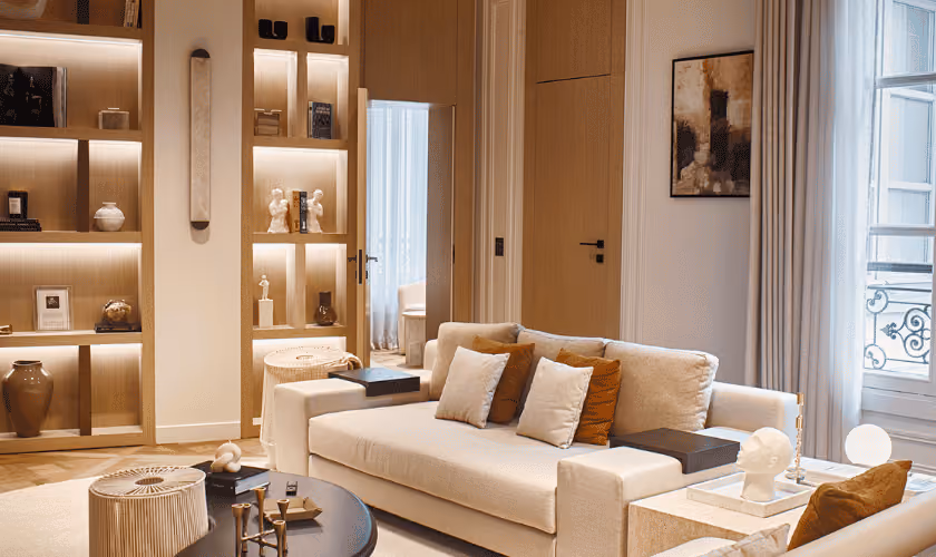 Contemporary lounge area featuring a light sofa, dark coffee table, and built-in wall shelves.
