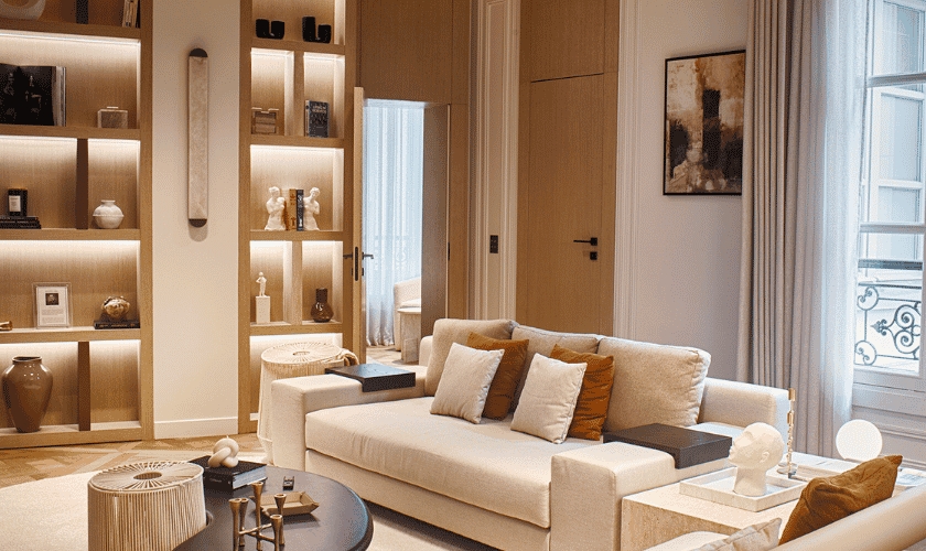 Contemporary lounge area featuring a light sofa, dark coffee table, and built-in wall shelves.