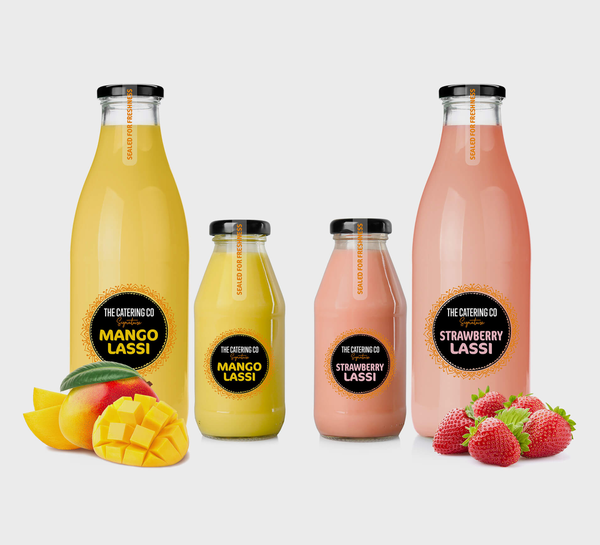 Custom bottle packaging design for The Catering Co Signature  by Sprouto, showcasing bold branding and sleek, modern label design.