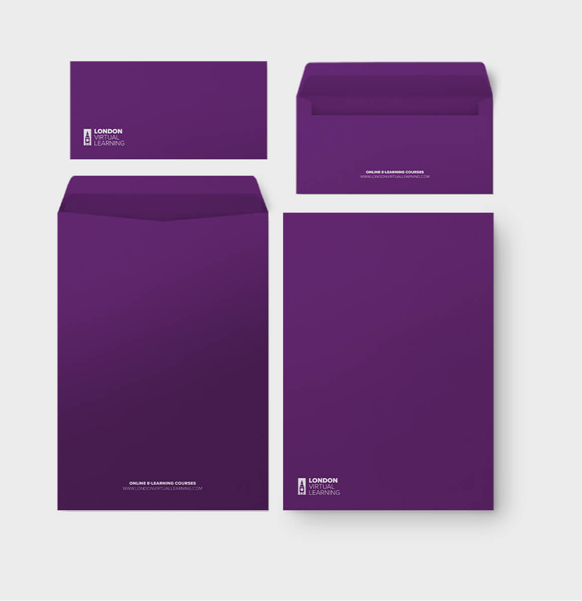 London Virtual Learning branded envelopes designed by Sprouto, featuring clean typography and sleek, professional branding. 